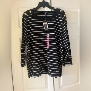 Jones New York Black and White Striped Top with Gold Accents